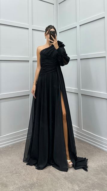 Schwarzes Abendkleid mit einärmeligem Schulterdetail-Design