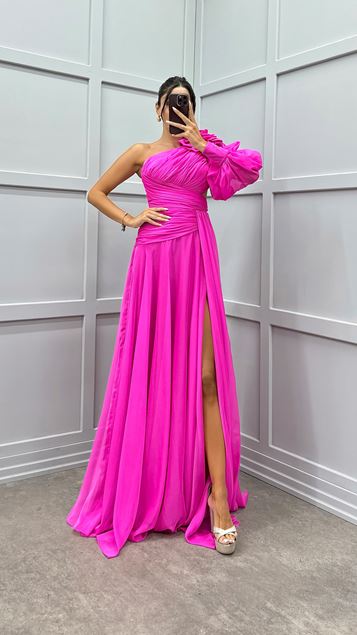 Fuchsia One Sleeve Shoulder Detail Design Evening Dress