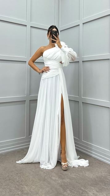 White Single Sleeve Shoulder Detail Design Evening Dress