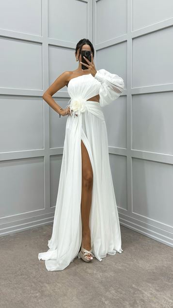 White Single Sleeve Waist Sheer Flower Detail Evening Dress