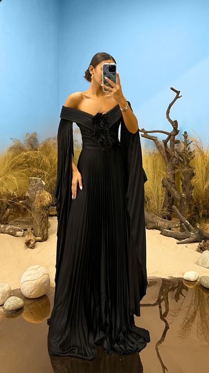 Black Boat Neck Evening Dress with Rose Detail