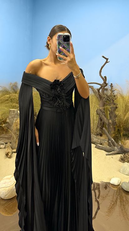 Black Boat Neck Evening Dress with Rose Detail