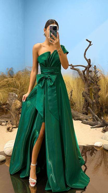 Emerald Green One Sleeve Evening Dress with Bow Detail