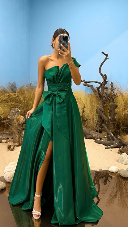 Emerald Green One Sleeve Evening Dress with Bow Detail