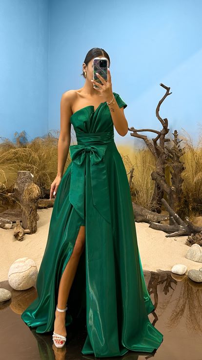 Emerald Green One Sleeve Evening Dress with Bow Detail