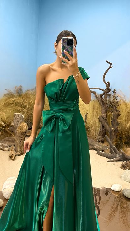 Emerald Green One Sleeve Evening Dress with Bow Detail