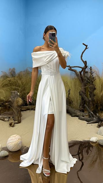 White Madonna Collar Rose Detail Satin Design Dress