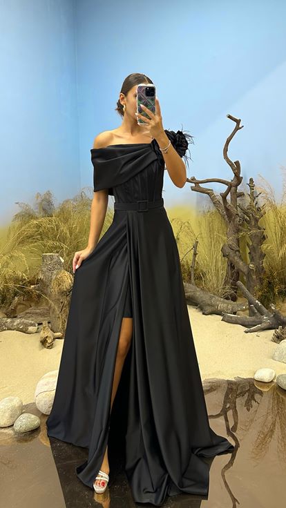 Black Madonna Collar Rose Detail Satin Design Dress