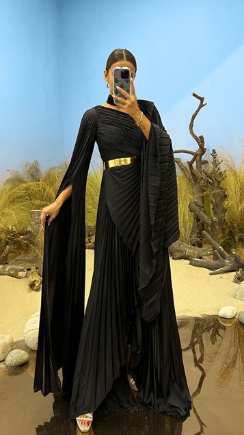 Black Draped Neck Detail Evening Dress