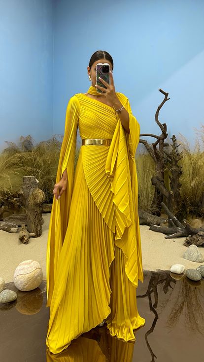 Yellow Draped Neck Detail Evening Dress