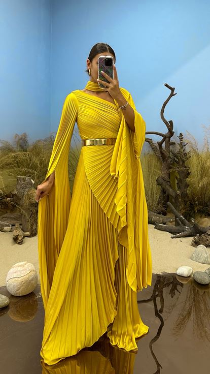 Yellow Draped Neck Detail Evening Dress