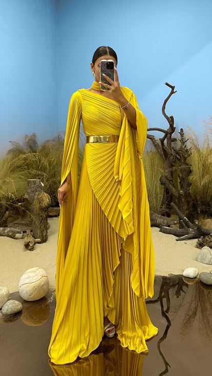 Yellow Draped Neck Detail Evening Dress