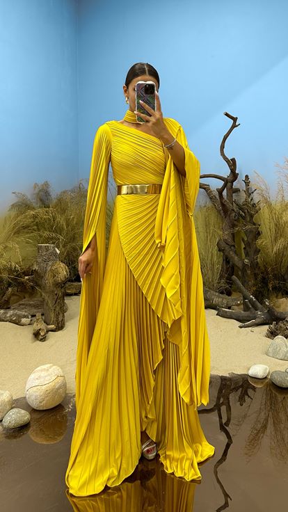 Yellow Draped Neck Detail Evening Dress