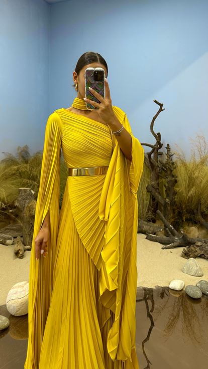 Yellow Draped Neck Detail Evening Dress