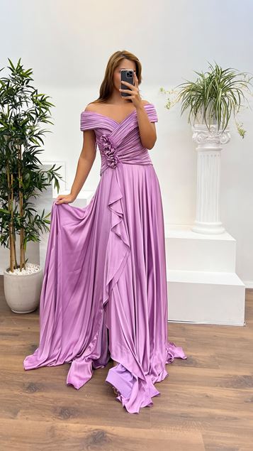 Lilac Boat Neck Waist Detail Plus Size Satin Evening Dress