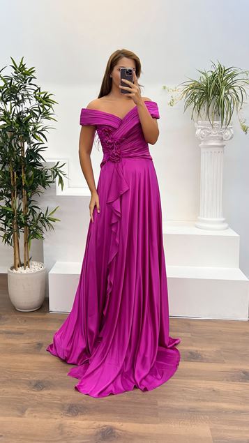 Fuchsia Boat Neck Waist Detail Plus Size Satin Evening Dress