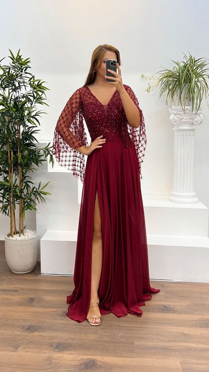 Red Bat Sleeve Embroidered Plus Size Evening Dress