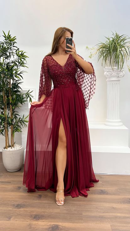 Red Bat Sleeve Embroidered Plus Size Evening Dress