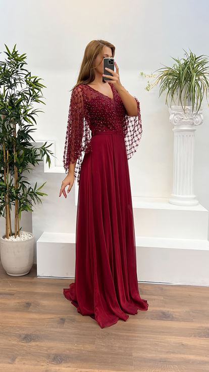 Red Bat Sleeve Embroidered Plus Size Evening Dress