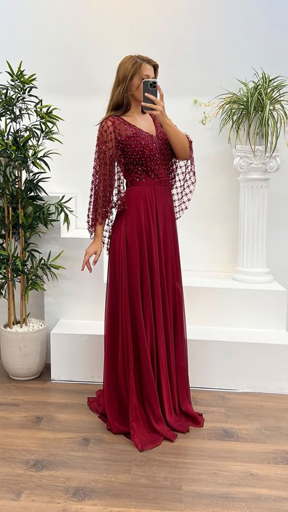 Red Bat Sleeve Embroidered Plus Size Evening Dress