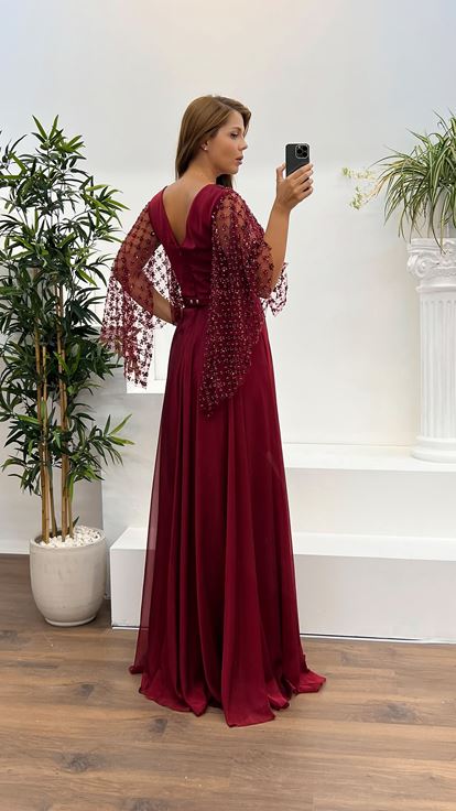 Red Bat Sleeve Embroidered Plus Size Evening Dress