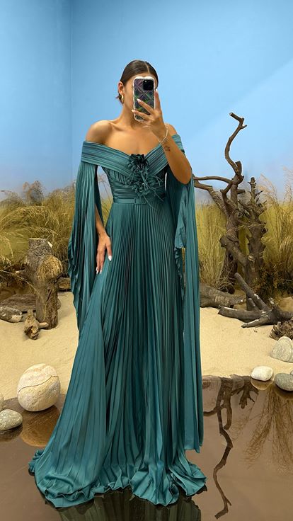 Green Boat Neck Evening Dress with Rose Detail