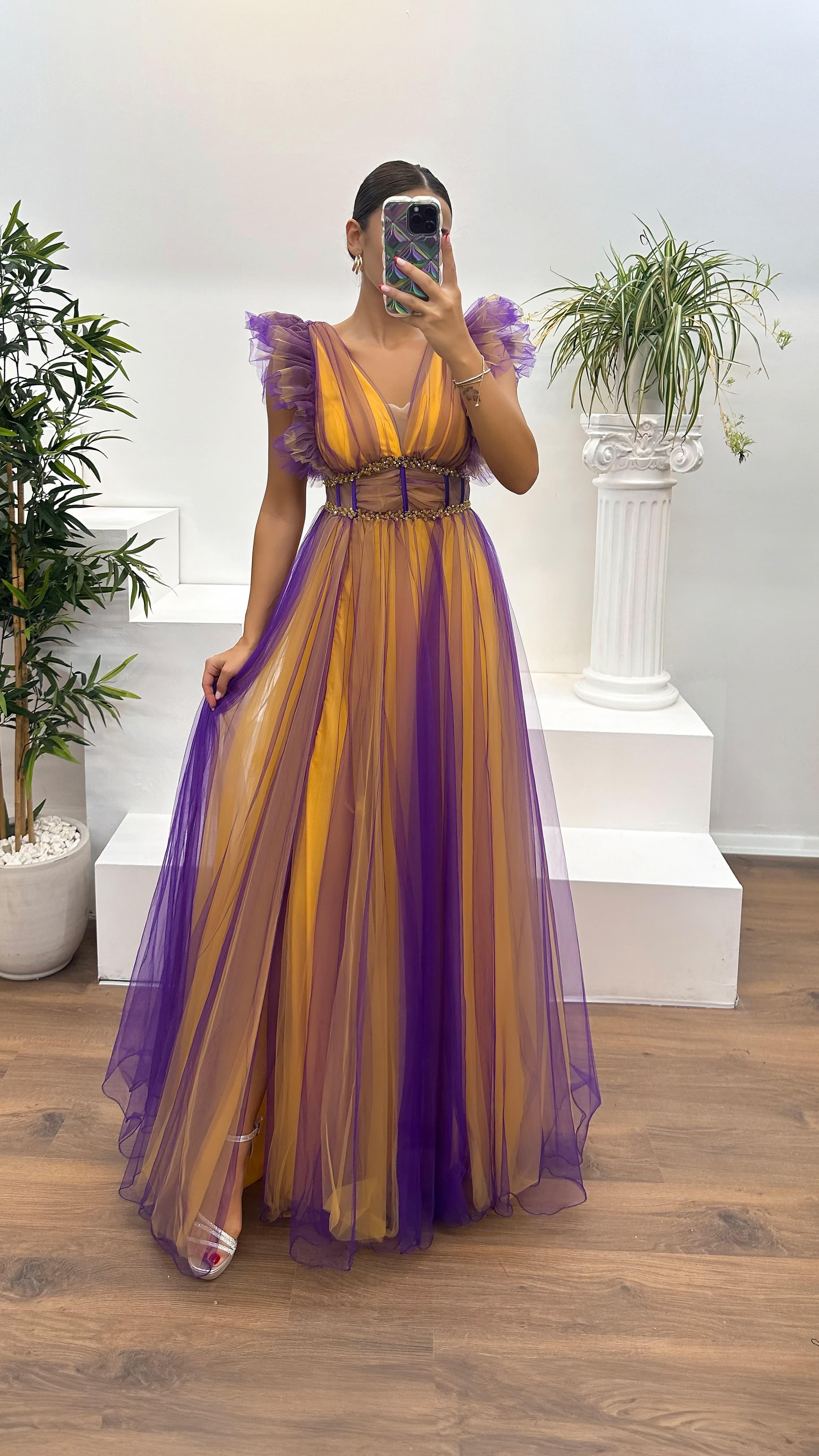 Purple V-Neck Tulle Evening Dress