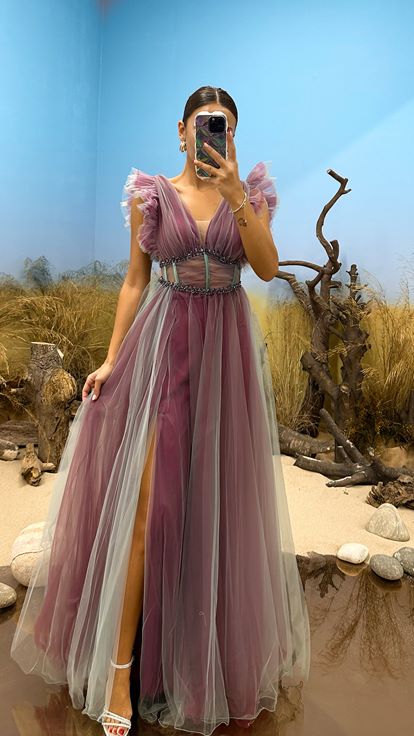 Mint Green V Neck Tulle Evening Dress