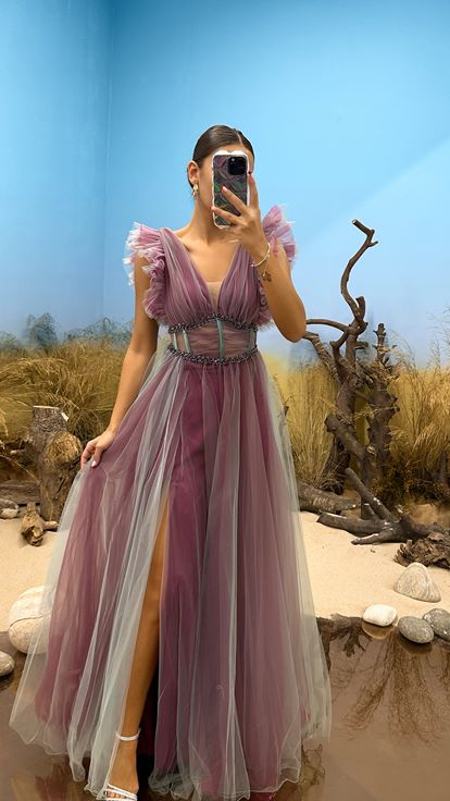 Mint Green V Neck Tulle Evening Dress