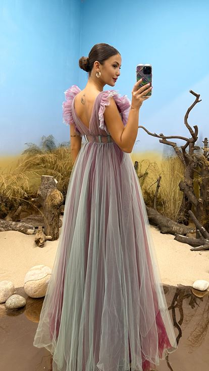 Mint Green V Neck Tulle Evening Dress