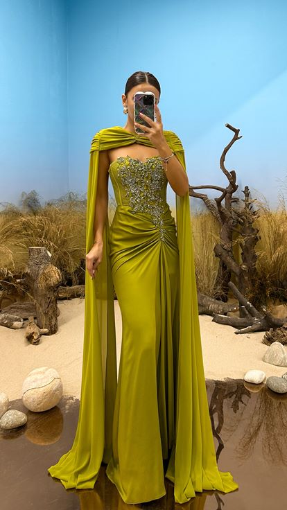Green Chest Stone Detail Design Evening Dress