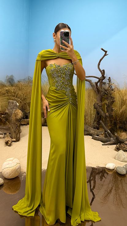 Green Chest Stone Detail Design Evening Dress