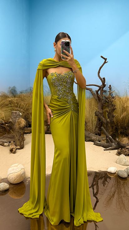 Green Chest Stone Detail Design Evening Dress