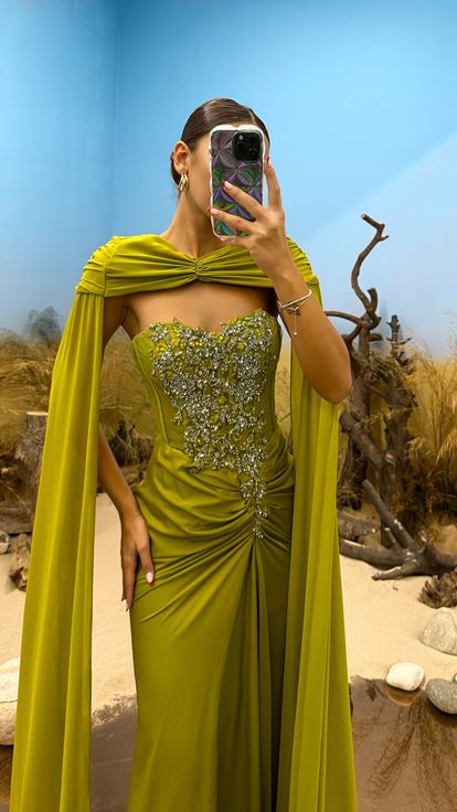 Green Chest Stone Detail Design Evening Dress