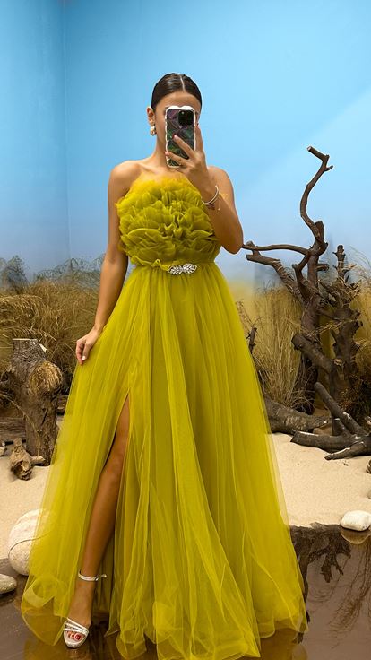 Green Strapless Tulle Evening Dress