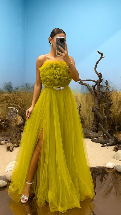 Green Strapless Tulle Evening Dress