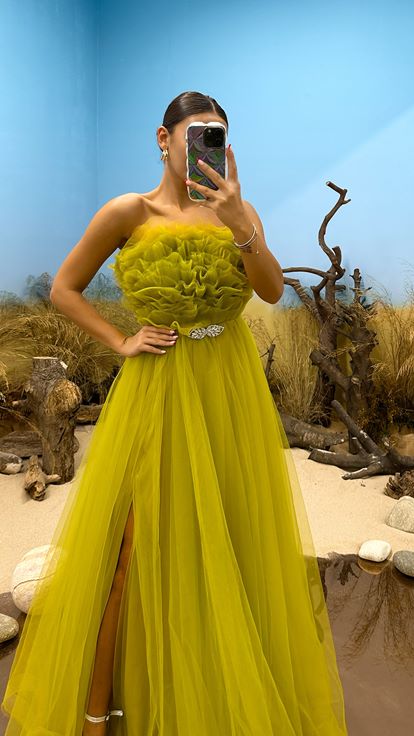 Green Strapless Tulle Evening Dress