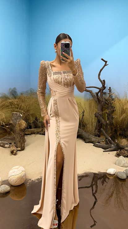 Gold Embroidered Waist Detail Evening Dress