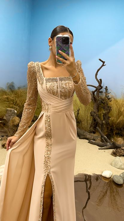Gold Embroidered Waist Detail Evening Dress