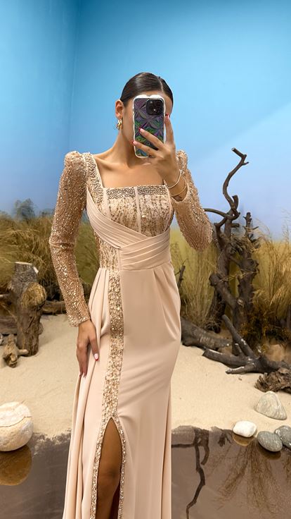 Gold Embroidered Waist Detail Evening Dress