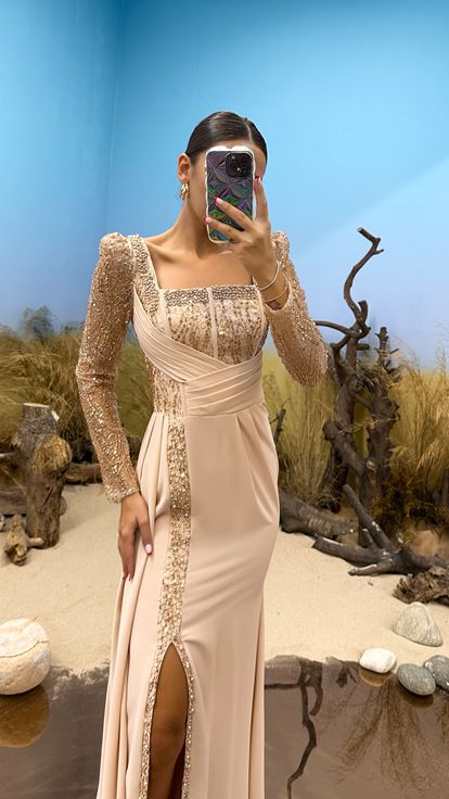 Gold Embroidered Waist Detail Evening Dress