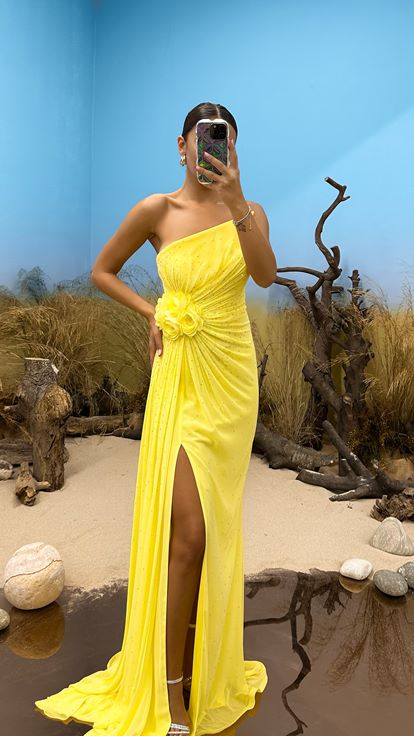 Yellow Strapless Embroidered Evening Dress