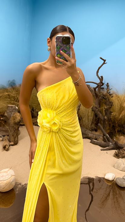 Yellow Strapless Embroidered Evening Dress