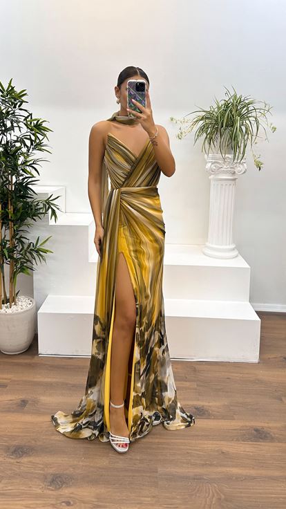 Yellow Strapless Chiffon Evening Dress