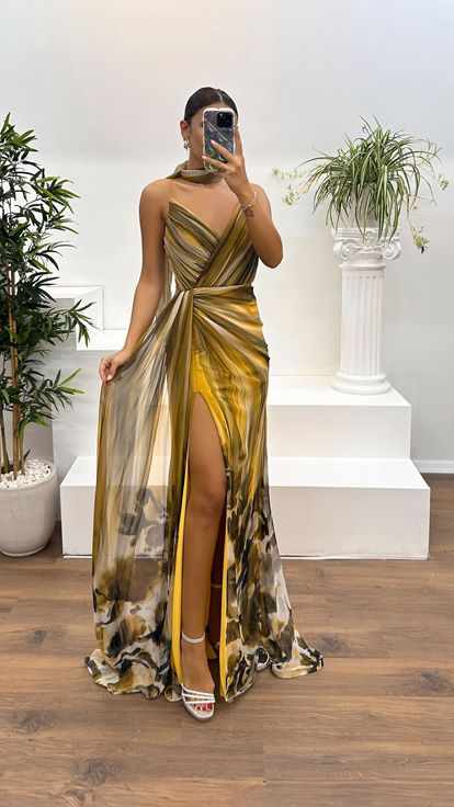 Yellow Strapless Chiffon Evening Dress