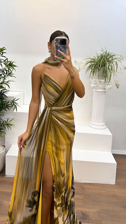 Yellow Strapless Chiffon Evening Dress