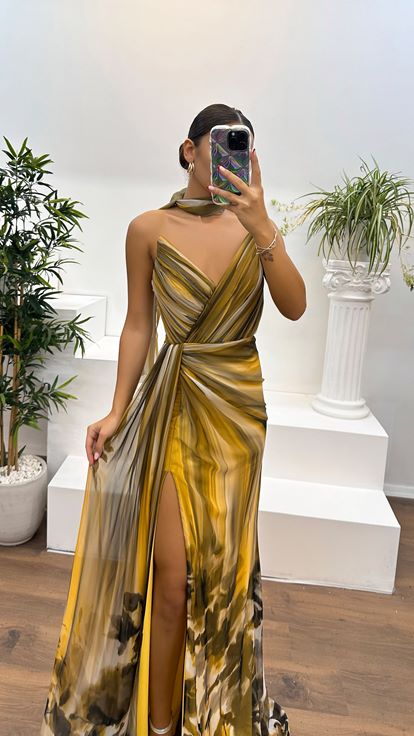 Yellow Strapless Chiffon Evening Dress