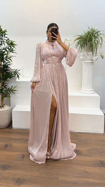 Powder Long Sleeve Draped Evening Dress