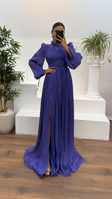 Lilac Long Sleeve Draped Evening Dress