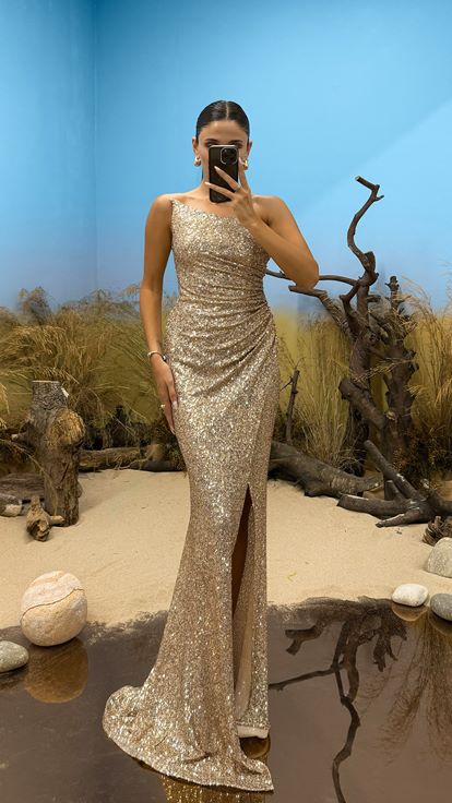 Gold Strapless Sequined Evening Dress